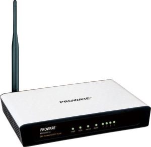 Proware 4 Ethernet ADSL2+ modem sa WiFi funkcijom (PA-W40T-54), postavljen na radnoj površini, sa vidljivim LED indikatorima statusa i četiri Ethernet porta.